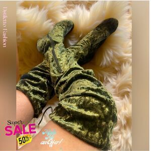 🍒 Liliana Green faux velvet block heel thigh high boots size 8.5
